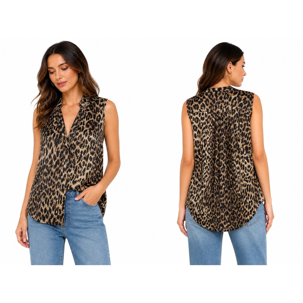 Vince Camuto Blouse Women M Brown Leopard Print Sleeveless V-Neck Top MobWife